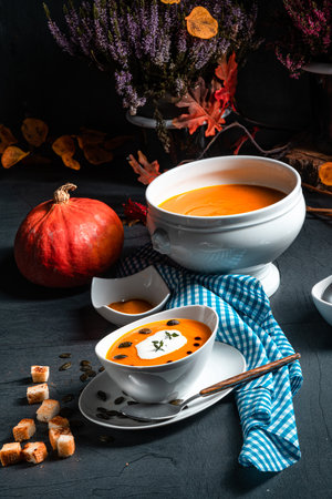 delicious pumpkin soup with coconut milkの写真素材