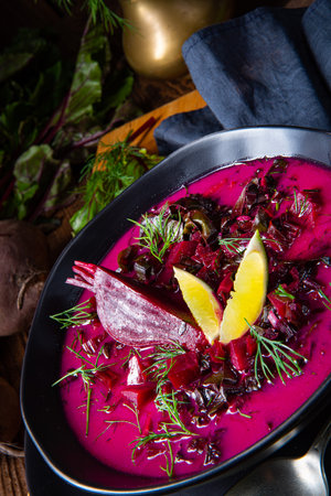 Red borsch with dill and lemonの写真素材