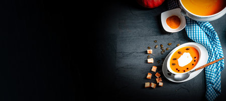 delicious pumpkin soup with coconut milkの写真素材
