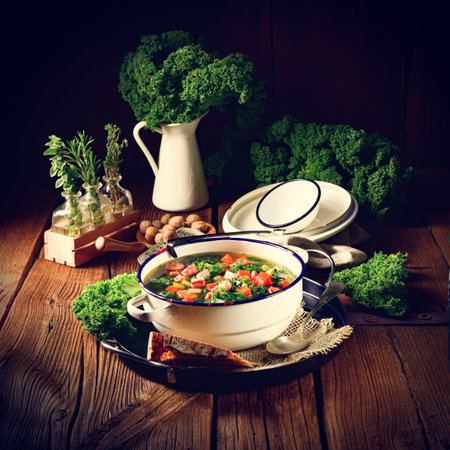 autumnal kale soup with sausage and bacon cubesの写真素材