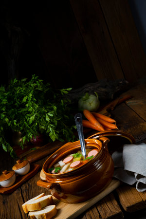 Potato kohlrabi soup with bockwurstの写真素材