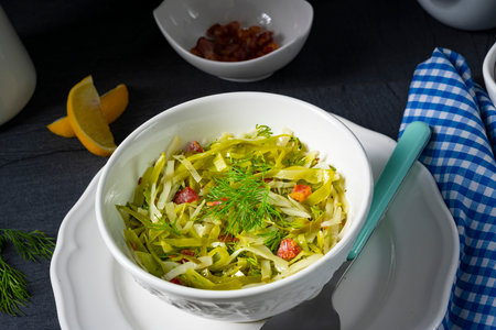 White cabbage with dill and diced baconの写真素材
