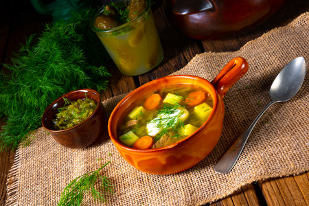 Polish sour cucumber soup with dillの写真素材