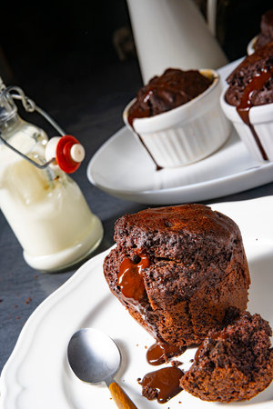 Delicious chocolate muffins with chocolate chipsの写真素材