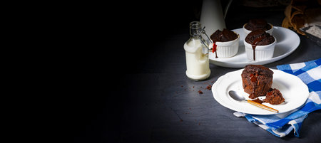 Delicious chocolate muffins with chocolate chipsの写真素材