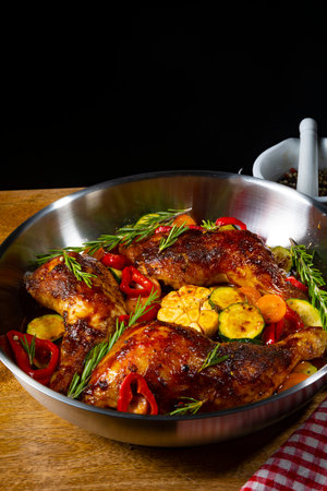 Fried chicken legs with various vegetables and spicesの写真素材
