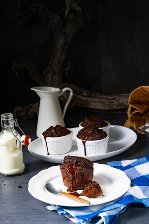 Delicious chocolate muffins with chocolate chipsの写真素材