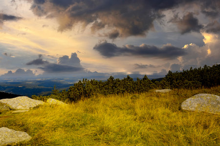 Sunny October view of the Sudetes.の写真素材