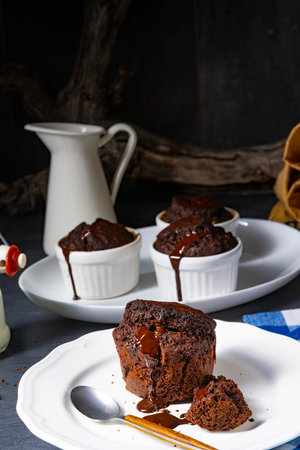 Delicious chocolate muffins with chocolate chipsの写真素材