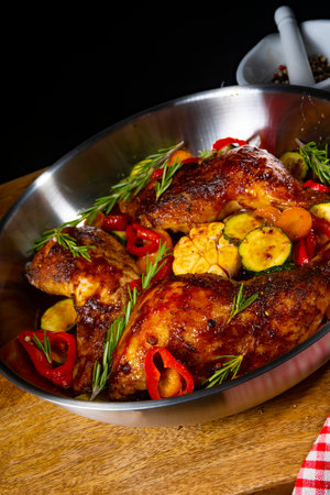 Fried chicken legs with various vegetables and spicesの写真素材