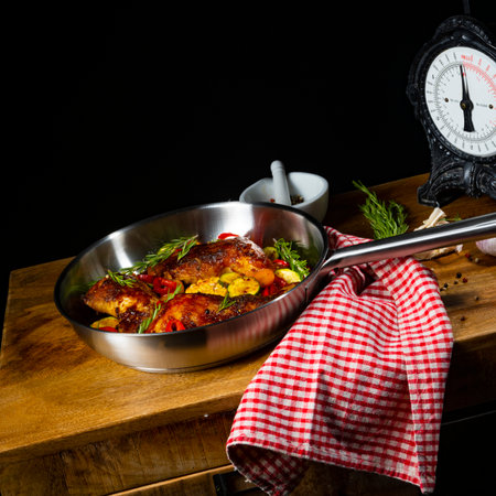 Fried chicken legs with various vegetables and spicesの写真素材