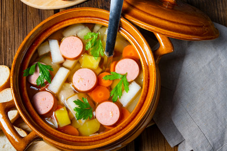 Potato kohlrabi soup with bockwurstの写真素材