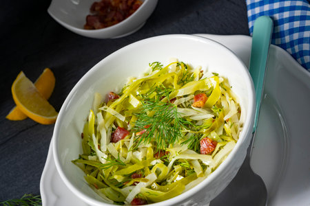 White cabbage with dill and diced baconの写真素材