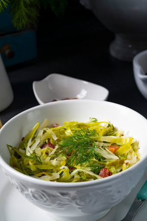Fettuccine with zucchini, tomato and dillの写真素材