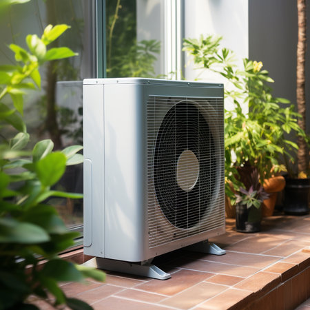 Heat pump installed in a residential building. Clean and green energy. AI generativeの写真素材