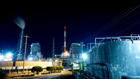 Night view of a factory in Otake City, Hiroshima Prefectureの写真素材