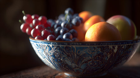 A cool-toned still life of citrus, grapes, and berries arranged in a cobalt blue bowl with metallic patterning. Subtle rim light and glossy reflections give a contemporary feel against a deep blue background. Useful for healthy living campaigns, supermarket banners, or nutrition articles.の素材