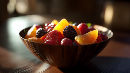 An inviting mix of citrus, apples, and berries sits in a shiny two-tone bowl near a window, catching sparkles of natural light. Soft bokeh behind the arrangement keeps attention on freshness and color. Great for grocery flyers, nutrition columns, or kitchen decor mockups.の素材