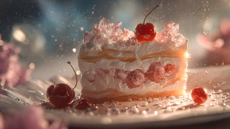 A light layer cake filled with strawberries and clouds of frosting sits on a stand amid soft pink-blue tones and misty highlights. The delicate, whimsical styling conveys celebration and sweetness with ample breathing room. Ideal for bakery banners, spring promotions, or bridal shower invites.の素材