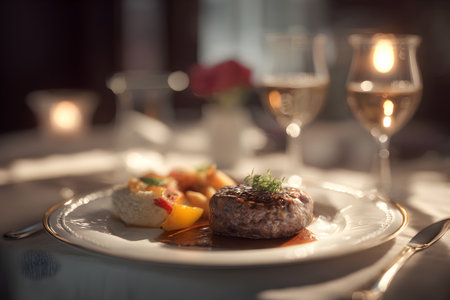 A refined main course of seared meat with vegetables is plated on a white dish, framed by wine glasses and warm candle bokeh. Rich tones and shallow focus suggest upscale service and occasion. Great for restaurant websites, tasting menu marketing, or culinary magazine spreads.の素材
