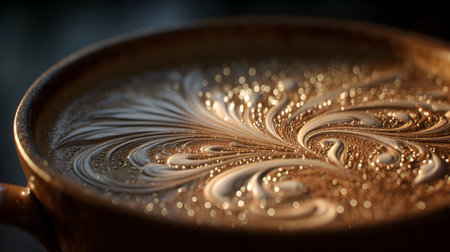 Close macro of coffee bubbling and swirling in a small metal pot, copper and bronze tones catching glints of light. Vapor and motion suggest the moment of brewing. Perfect for product pages, recipe stories, or posters celebrating stovetop espresso traditions.の素材