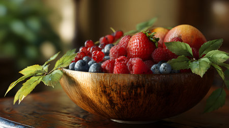 A cheerful selection of strawberries, blueberries, and raspberries sits in a round wooden bowl, accented by fresh leaves. Crisp daylight and saturated reds and blues suggest health and energy. Useful for smoothie packaging, breakfast campaigns, or education on wholesome snacking.の素材