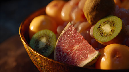 Close composition of kiwi rounds, grapefruit wedges, and golden persimmon cubes grouped in a dark wooden bowl. The saturated colors and tactile textures pop under soft studio light, suggesting freshness and variety. Perfect for smoothie menus, diet guides, or summer campaign visuals.の素材