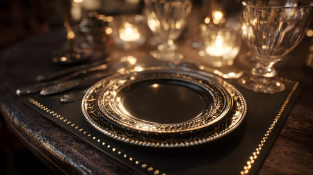 Elegant dining table scene featuring a polished silver charger, stacked plates, cutlery, and a crystal goblet under warm candlelight. Rich reflections and shallow focus convey heritage and celebration. Negative space along the tabletop suits invitations, fine-dining ads, or luxury hospitality branding.の素材
