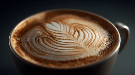Intimate close-up of a latte heart floating in velvety microfoam within a wide bowl cup. Soft, diffuse lighting and warm tones communicate comfort and calm. Suitable for cafe loyalty campaigns, cold-weather promotions, or lifestyle posts about slow mornings and mindfulness.の素材