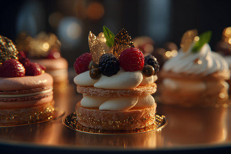 Petite cakes layered with caramel drip and fresh berries stand against a sparkling bokeh backdrop. The styling feels celebratory and on-trend. Perfect for party flyers, bakery social graphics, or packaging for limited dessert editions.の素材