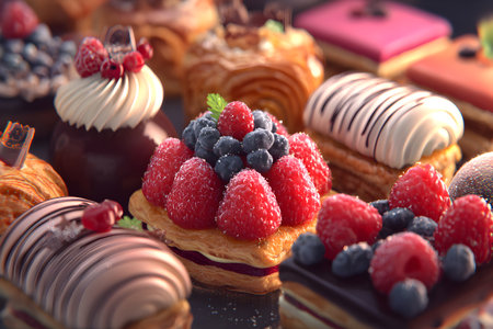 Delicious cakes with berries on a black background, close-upの素材