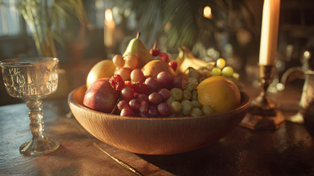 A bowl of mixed fruit rests on a dinner table as golden goblet bokeh sparkles behind. The candlelit ambience adds hospitality warmth and celebration. Great for restaurant visuals, harvest promotions, or elegant home-dining features.の素材