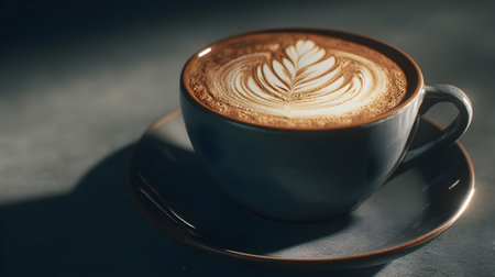 A small cappuccino with smooth microfoam rests on a matte teal surface, captured in a minimal overhead arrangement. The balance of shape and color reads clean and contemporaryâideal for UI mockups, menu badges, or branding kits.の素材