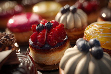 Tight framing reveals berry-topped tartlets and bonbons with jewel-toned sparkle. The tactile surfaces and color saturation feel luxurious and giftable. Ideal for confectionery boxes, ads, or party spreads.の素材