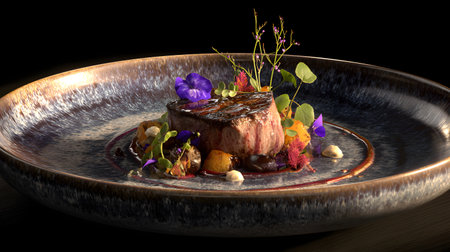 Tenderloin steak on a dark backgroundrated with edible flowersの素材
