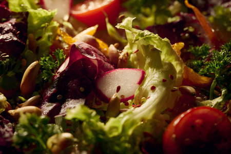 A vibrant salad of leafy greens, beet slices, and crumbled cheese sits in a shallow bowl near a window. Natural illumination and crisp textures communicate freshness and nutrition. Ideal for diet articles, vegetarian branding, or meal-prep content.の素材