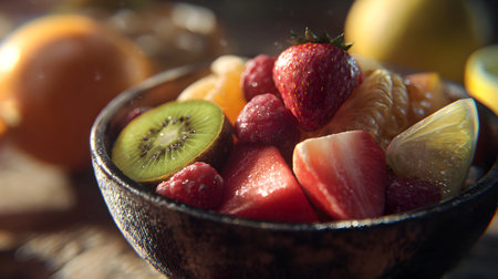 Fruit salad in a bowl on a wooden table, close-upの素材