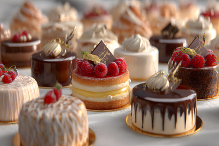 A neat parade of biteâsize sweets features cream swirls, sugar pearls, and jewelâlike colors. Soft bokeh and symmetry add polish. Great for gift box mockups, celebration graphics, or patisserie social reels seeking variety and charm.の素材