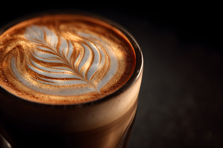 Cup of coffee with latte art on bokeh backgroundの素材