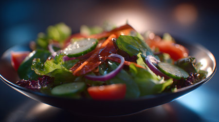 A colorful vegetable salad with tomato wedges, cucumber slices, and herbs fills a ceramic bowl. Crisp daylight and clean styling highlight freshness and hydration. Ideal for diet programs, recipe apps, or grocery visuals promoting everyday healthy meals.の素材