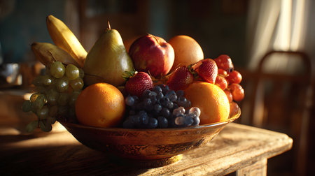 Bananas, grapes, and citrus rest in a carved wooden bowl as sun streaks across the scene. Warm highlights and natural textures communicate abundance and homestyle appeal. Great for eco packaging, farmers market visuals, or family nutrition content.の素材