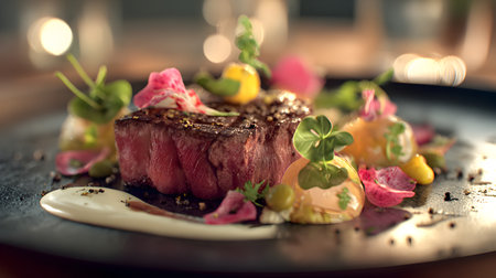 Delicious beef steak with vegetables on a black plate in a restaurantの素材