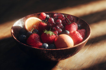 Fresh fruits in a bowl on a wooden table. Selective focus.の素材