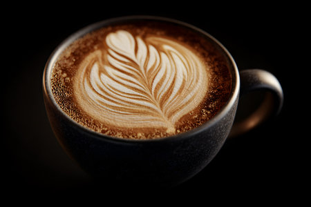 Cup of coffee with latte art on the black background.の素材