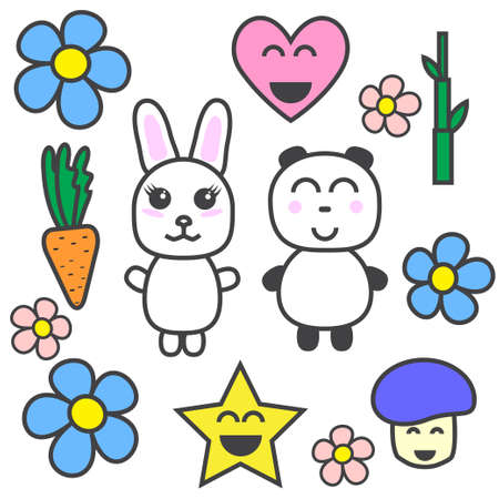Kawaii set of bunny panda flower star carrot heartのイラスト素材