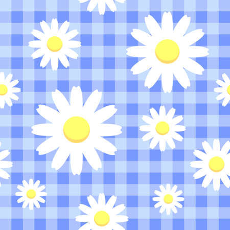 Chamomiles on blue checkered background, seamless pattern  eps 10のイラスト素材