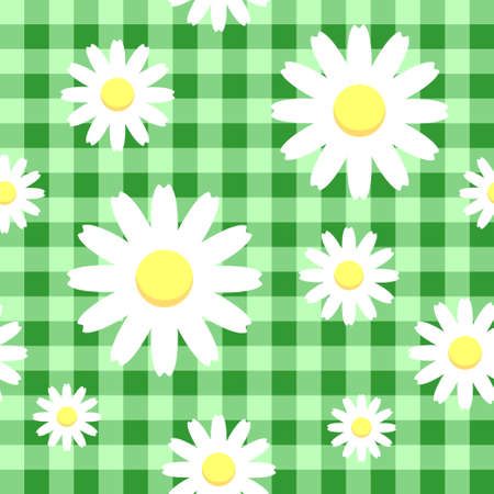 Chamomiles on green checkered background, seamless patternのイラスト素材