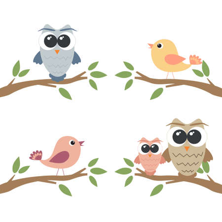 Set of owls and birds sitting on branchのイラスト素材