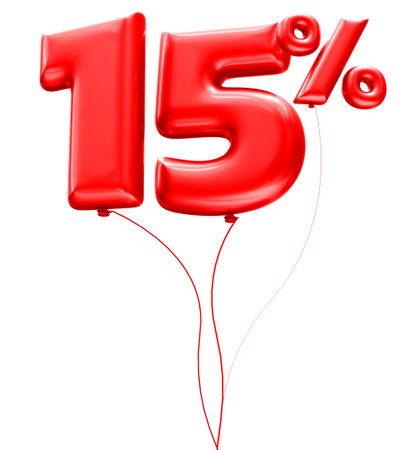 Red 15 percent discount balloon numbers and balloons, isolated on white backgroundの写真素材