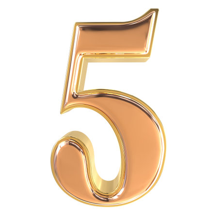 Metal number 5 from gold solid alphabet set, isolated on white. Computer generated 3D photo...